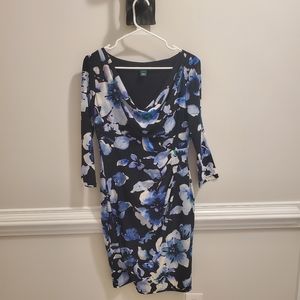 Lauren Ralph Lauren Faux Wrap Dress Black Blue Floral Rouched Side V Neck (10)